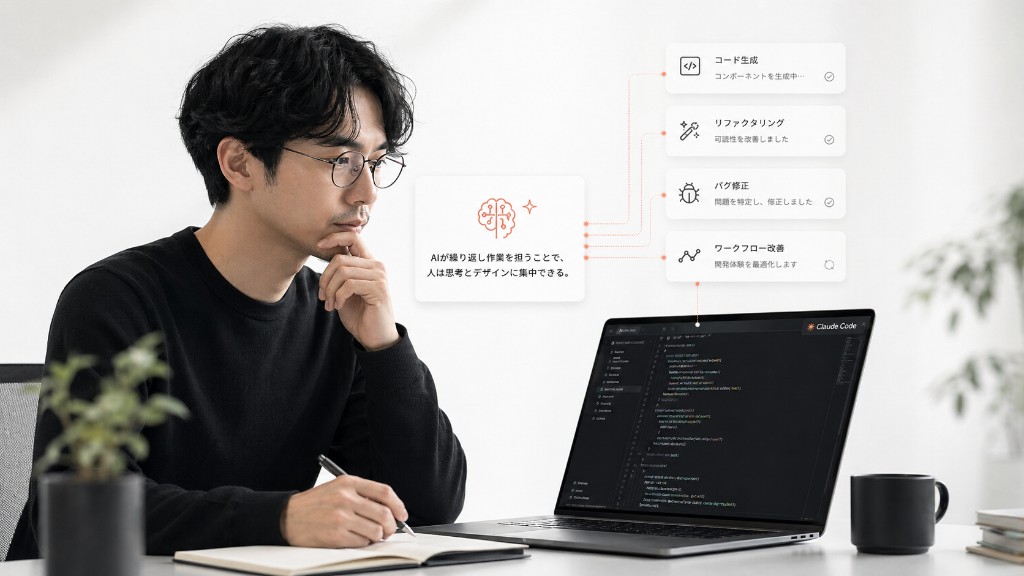 Claude Codeを活用して、開発者が思考とデザインに集中できる環境をイメージしたビジュアル